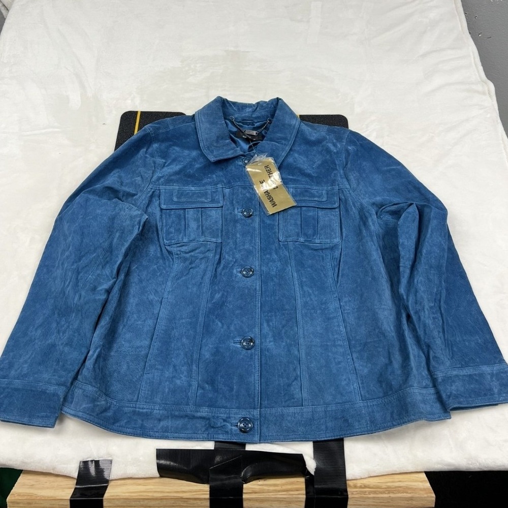 Dennis basso Suede Jacket Womens 2XL Blue Button Front Trucker Seam Detail
